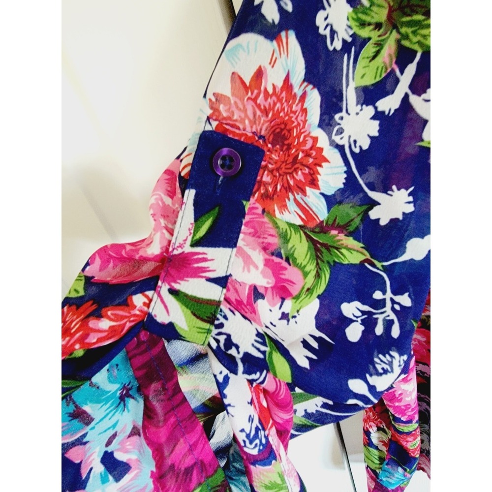 Roamans Womens 20W Blue Floral Pleated V-Neck Roll Tab Sleeve Chiffon Blouse - Picture 7 of 13